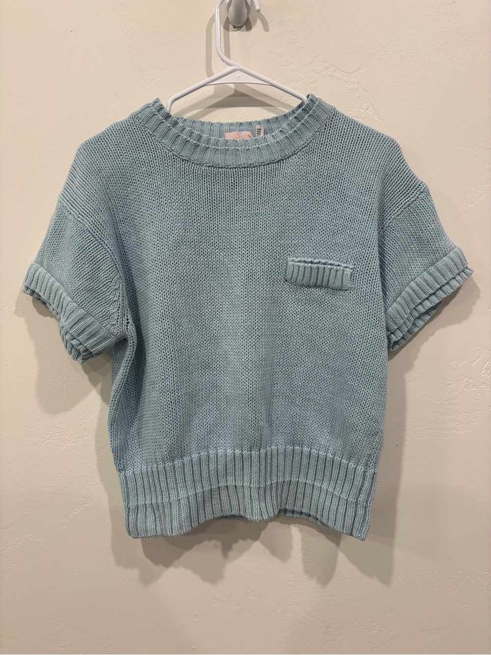 Crewneck Short-Sleeve Knit Sweater in Light Blue